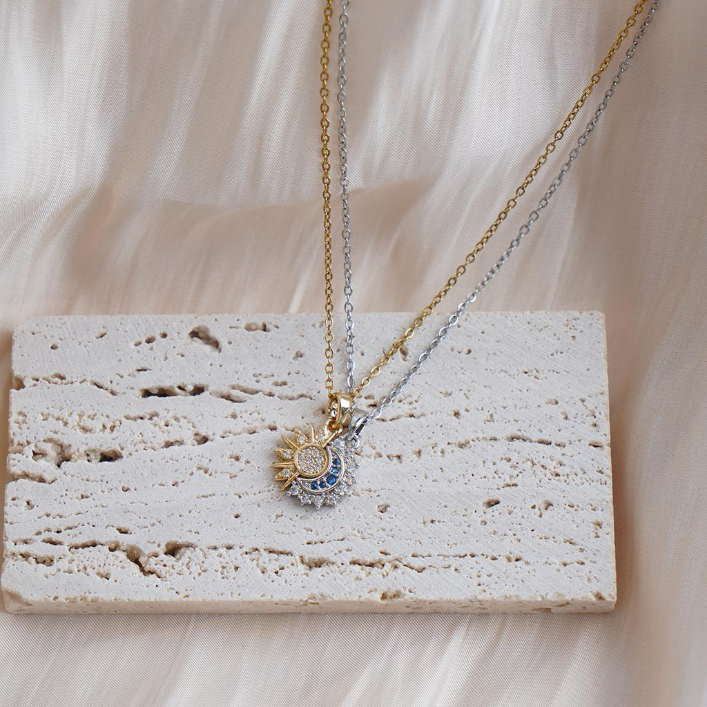 【Pendant Necklace】2 in 1 Gold Silver-Tone Crystal Zirconia Sun Moon Double Chain Pendant Celestial Two-Layer Elegant Accessory for Women
