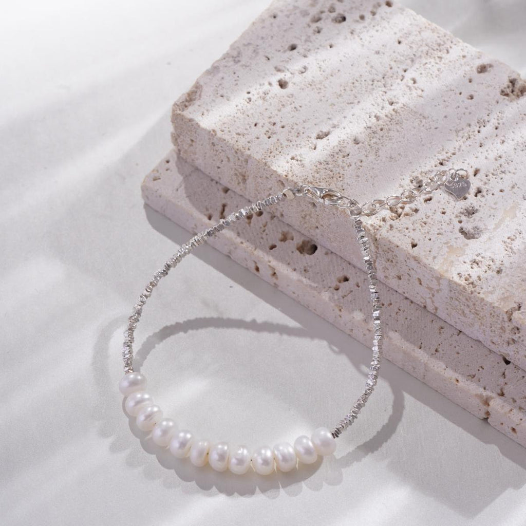 【Bracelet】Natural Freshwater Pearl Silver Textured Bracelet for Women Elegant Daily Wear Pearl Jewelry Gift