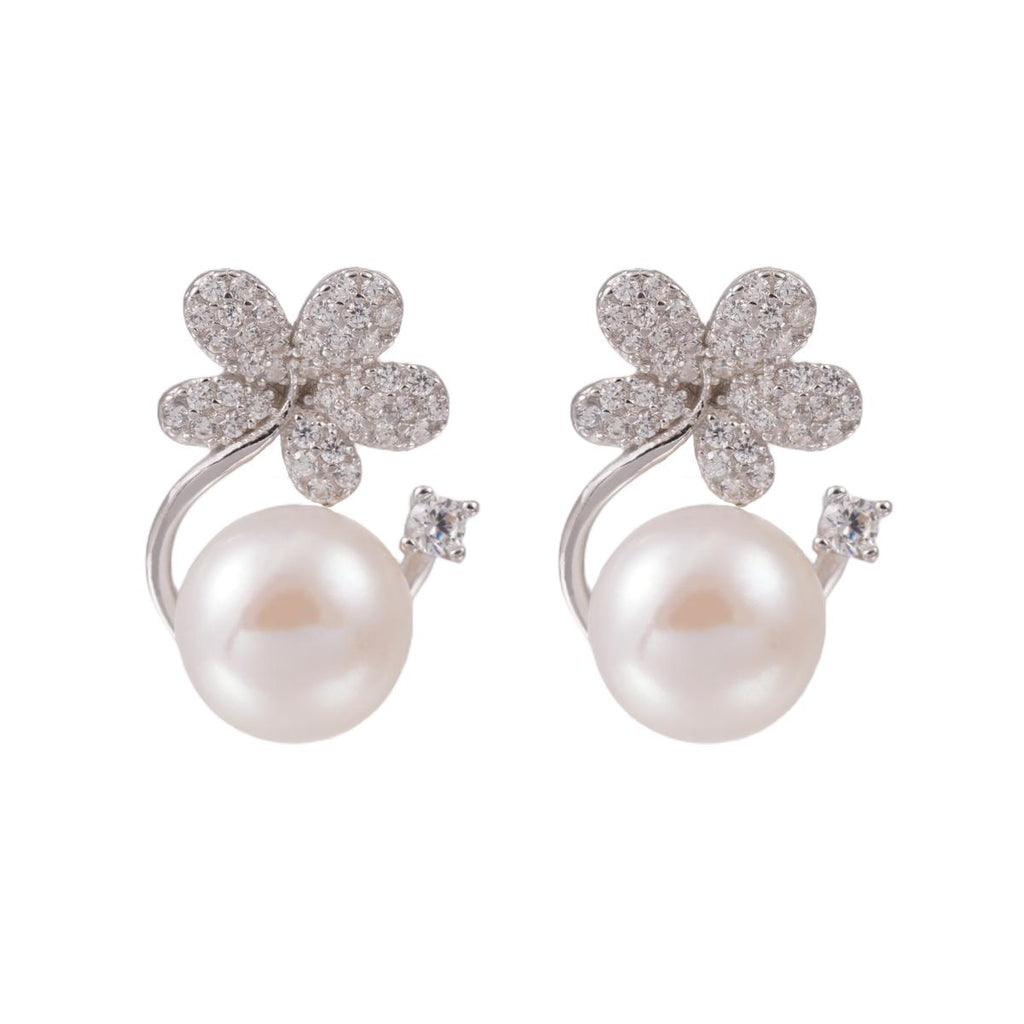 【Stud Earring】Silver Floral-shape Natural Pearl Stud Earring for Women, Shining Zircon Accent, Fashion Jewelry for Women, Perfect Gift for Lover