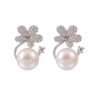 【Stud Earring】Silver Floral-shape Natural Pearl Stud Earring for Women, Shining Zircon Accent, Fashion Jewelry for Women, Perfect Gift for Lover