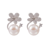 【Stud Earring】Silver Floral-shape Natural Pearl Stud Earring for Women, Shining Zircon Accent, Fashion Jewelry for Women, Perfect Gift for Lover