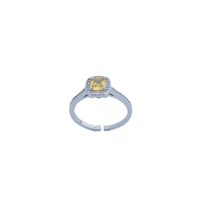 【Open Ring】Silver Plated Copper Alloy Rings with Olive Green/Yellow Zircon Center, Elegant Daily Jewelry for Women