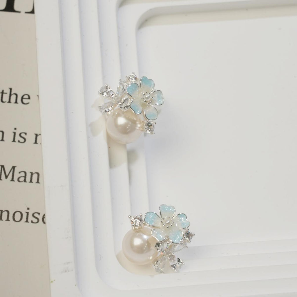 Subang Stud, Perak, Bunga Biru Muda Bernada dan Mutiara, Dihiasi Zirkon, Segar dan Manis, Untuk Wanita Fesyen cute  earrings