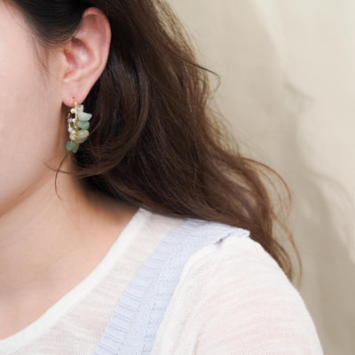 【Hoop Earrings】Gold-Wire Wrapped Natural Stone & Pearl C-Hoop Earrings, Forest-Style Jewelry for Women