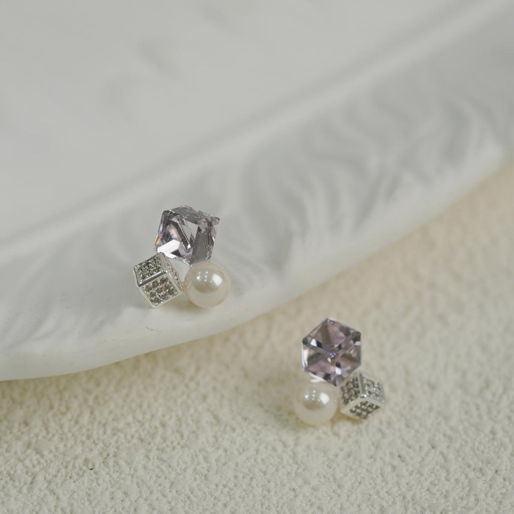 Subang Stud, Kristal Geometrik Ungu, Dengan Mutiara dan Zirkon, Halus dan Manis, Untuk Wanita Fesyen cute  earrings