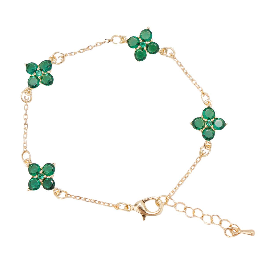【Bracelet】Gold-Tone Floral Green Cubic Zirconia Bracelet Four Flower Motifs Adjustable Chain Elegant Women's Jewelry