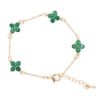 【Bracelet】Gold-Tone Floral Green Cubic Zirconia Bracelet Four Flower Motifs Adjustable Chain Elegant Women's Jewelry