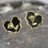 【Stud Earrings】Heart Studs Black Enamel & Golden Rose, Vintage Elegance Jewelry for Women