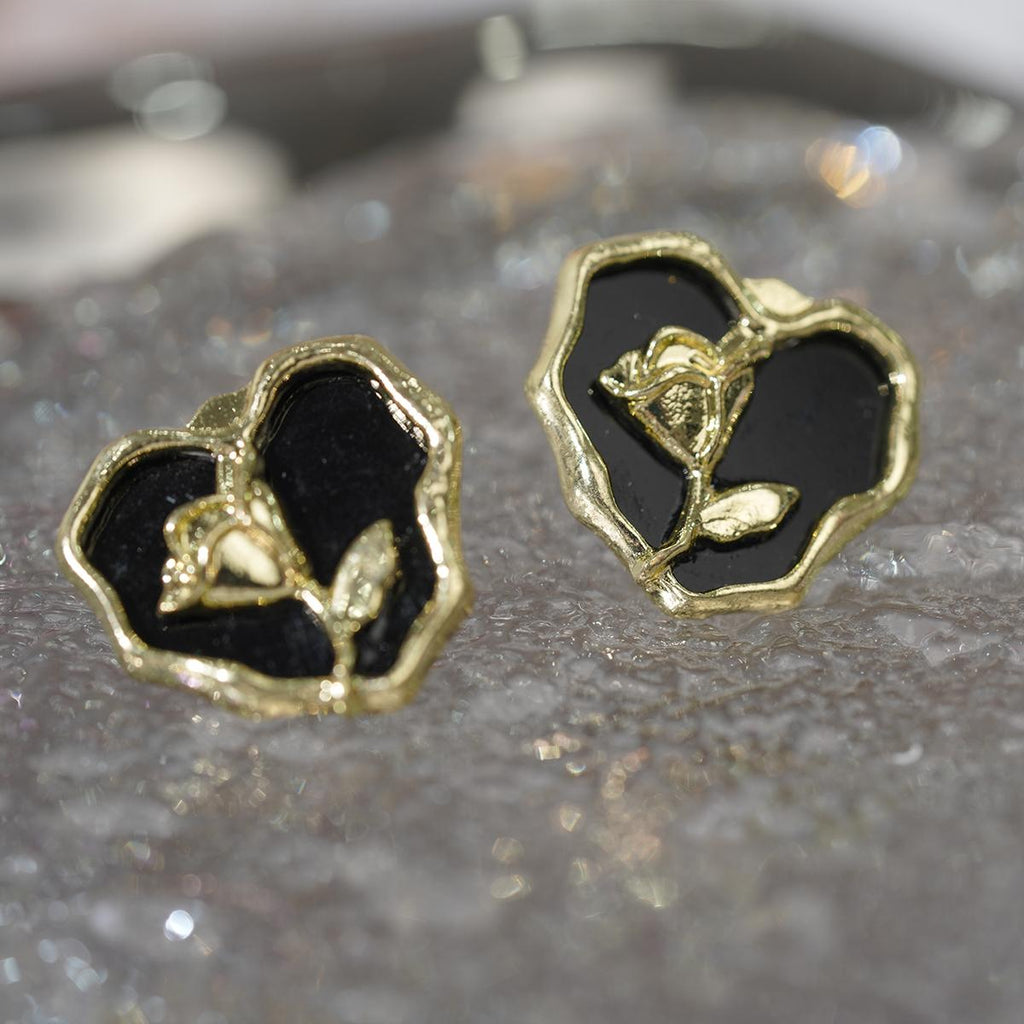 Subang Stud, Rekaan Hati, Enamel Hitam dan Mawar Emas, Barang Kemas Elegan Vintaj, Untuk Wanita