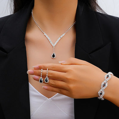 4 Pcs Luxury Rhinestone Jewelry Set for Women Fashion Droplet Shaped Necklace Bracelet Earring Elegant Wedding Jewelry Set Gifts