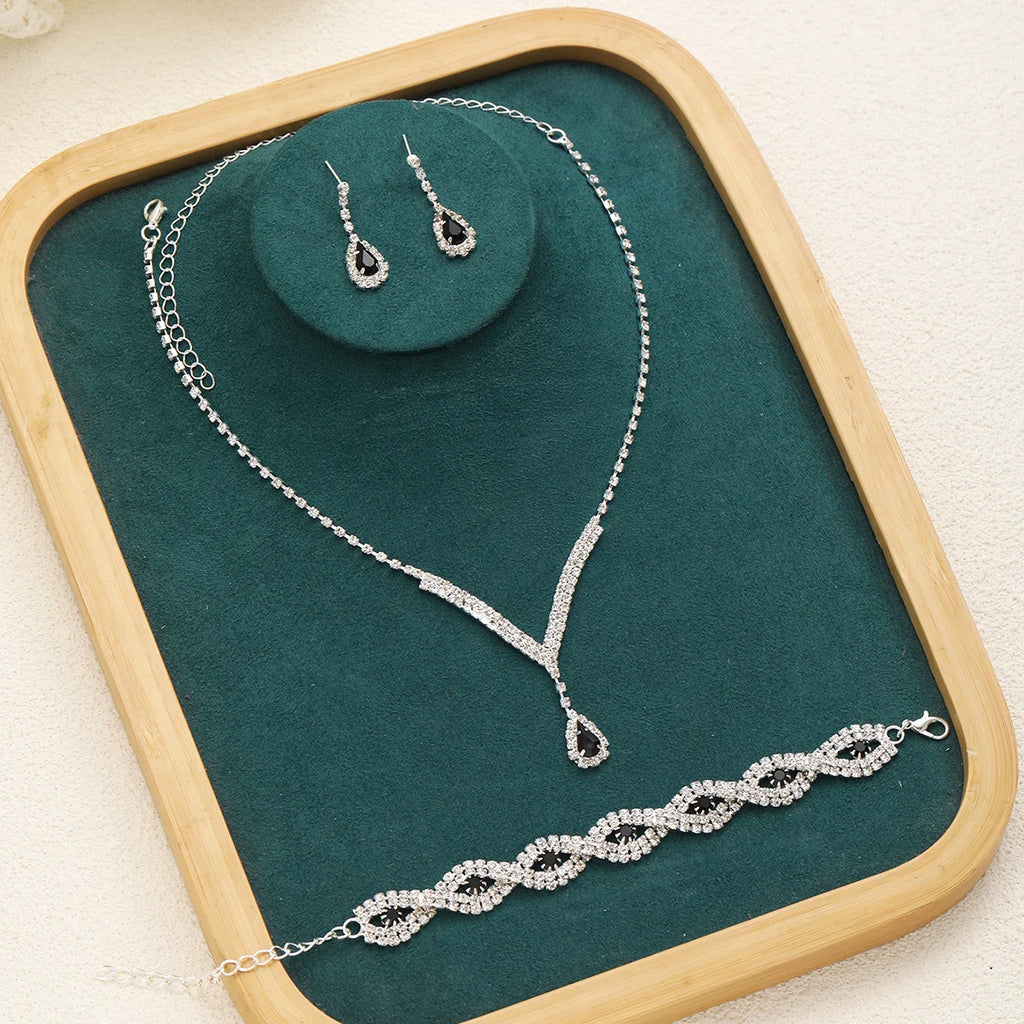4 Pcs Luxury Rhinestone Jewelry Set for Women Fashion Droplet Shaped Necklace Bracelet Earring Elegant Wedding Jewelry Set Gifts