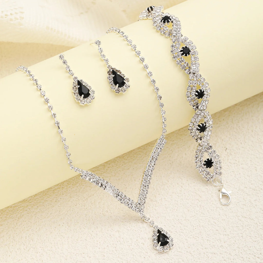 4 Pcs Luxury Rhinestone Jewelry Set for Women Fashion Droplet Shaped Necklace Bracelet Earring Elegant Wedding Jewelry Set Gifts