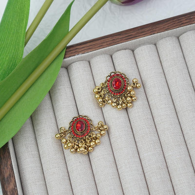 【Stud Earrings】Antique Gold Plated Earrings with Vintage Gem Red Stones, Bohemian & Royal Charm for Ladies