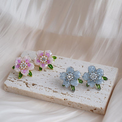 【Stud Earrings】Floral Petals Earrings with Enamel Green Leaves, Bead & Zircon Accents, Sweet & Romantic Gift for Ladies