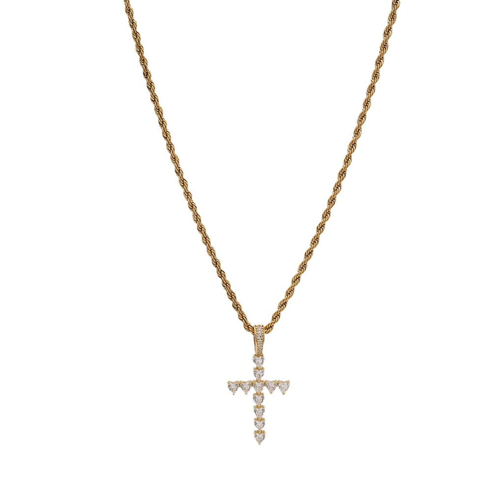 Pendant Necklace Gold or Silver Plated Cross Cubic Zirconia Heart-Cut Rope Chain Elegant Gift for Unisex