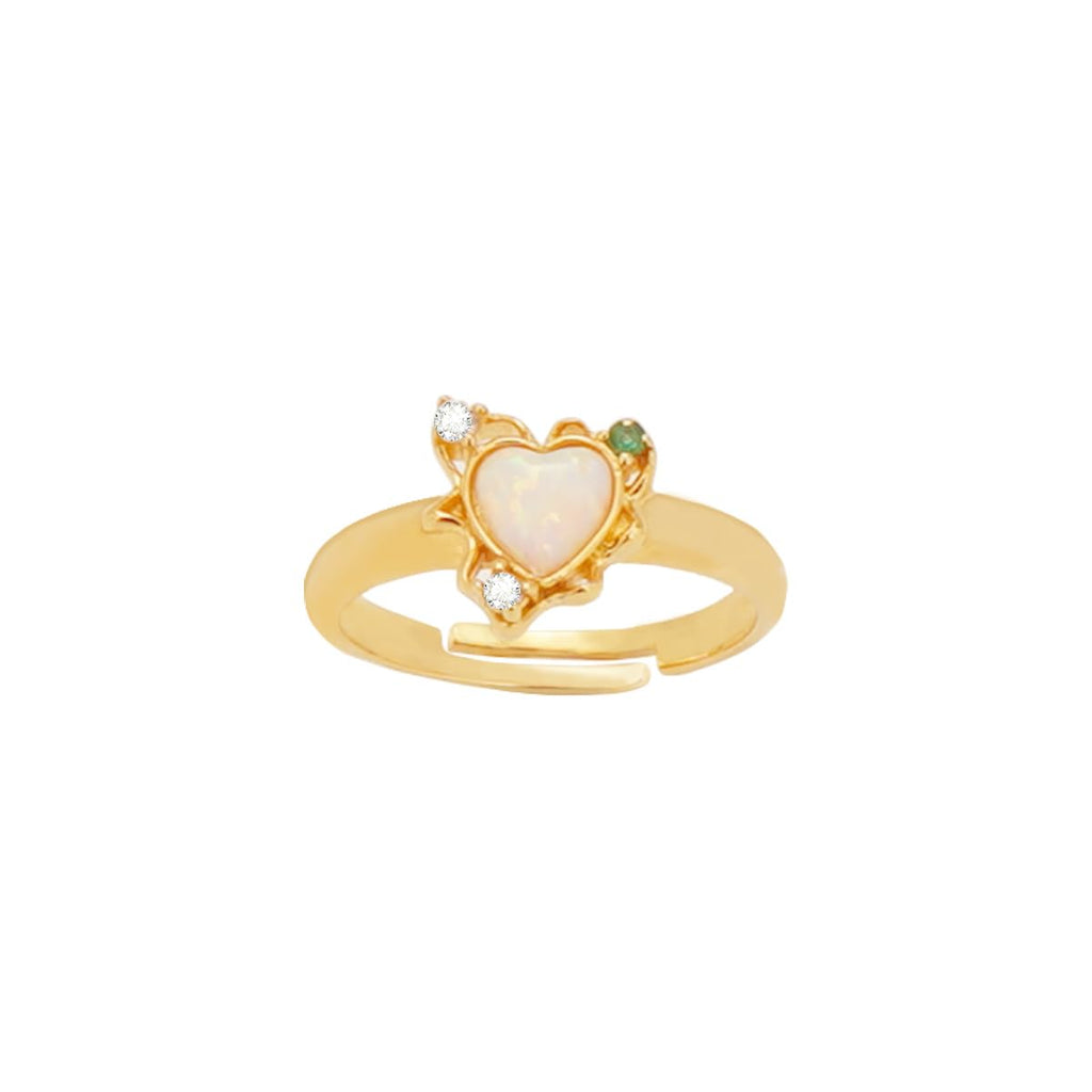Adjustable Heart Opal Ring for Women, 14K Gold Plated 925 Sterling Silver, Heart-Shaped Synthetic Opal with Green & Clear Zirconia Halo, Size 7 Romantic Jewelry Gift