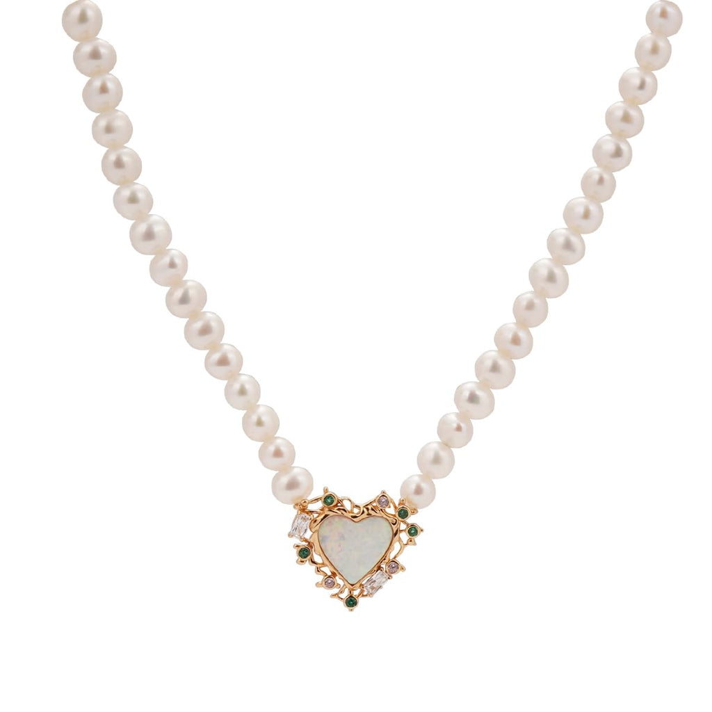 Pearl & Opal Heart Necklace for Women, 14K Gold Plated 925 Sterling Silver, Adjustable Chain with Iridescent Opal & Multi-Color Zirconia, Luxury Birthstone Jewelry Gift