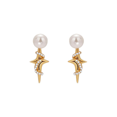 Pearl Star Stud Earrings for Women, 14K Gold Plated 925 Silver Vintage Earrings with Cubic Zirconia & Vine Details, Elegant Retro Jewelry Gift for Her