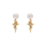 Pearl Star Stud Earrings for Women, 14K Gold Plated 925 Silver Vintage Earrings with Cubic Zirconia & Vine Details, Elegant Retro Jewelry Gift for Her