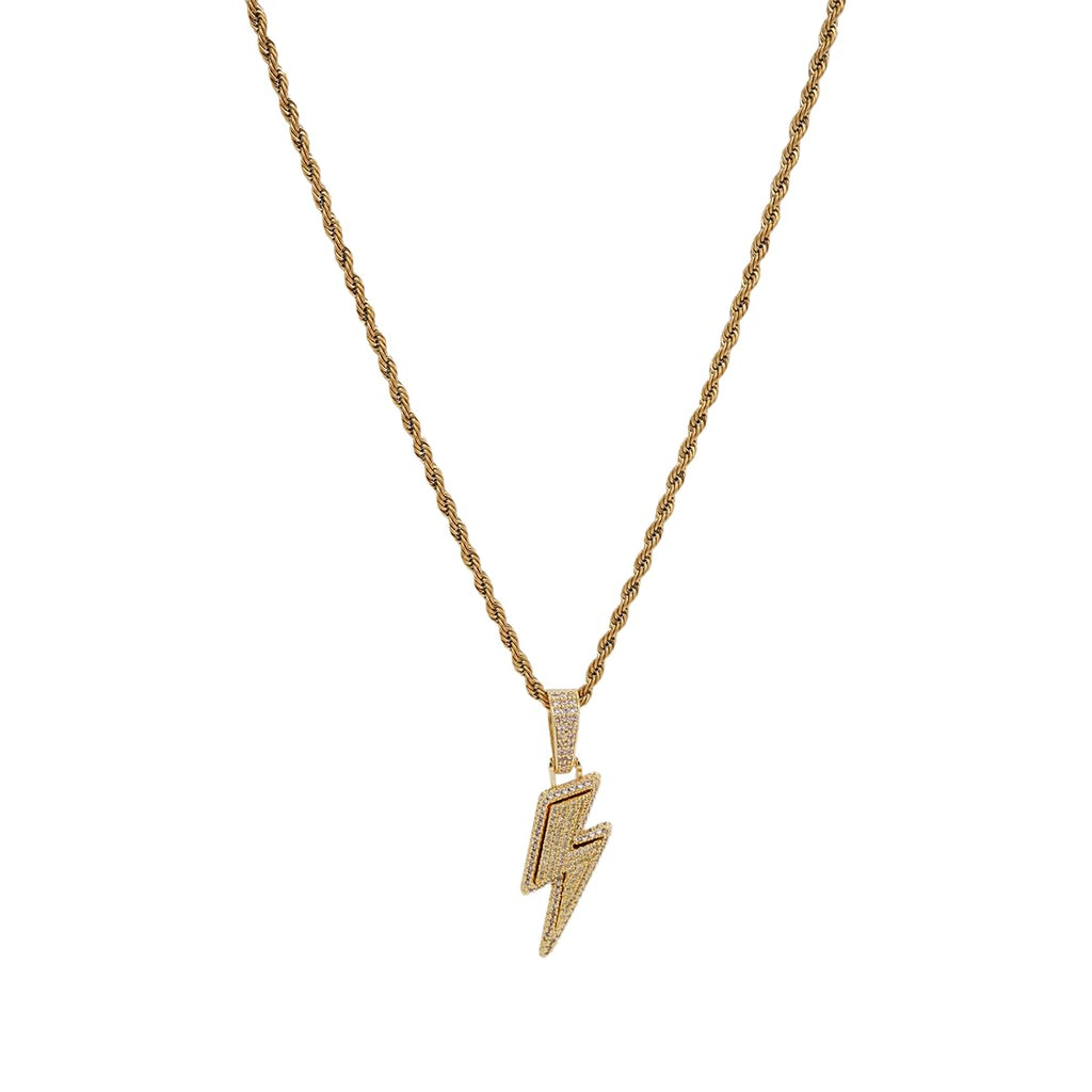 Lightning Bolt Pendant Necklace Gold Plated Brass Cubic Zirconia Iced Out Hip Hop Jewelry Gift for Men Women