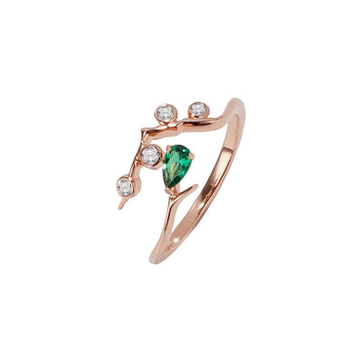 Trendy Ring for Women, 14K Rose Gold Plated 925 Silver Vine Ring with Green Spinel & Zirconia, Nature Inspired Statement Botanical Jewelry Gift for Her