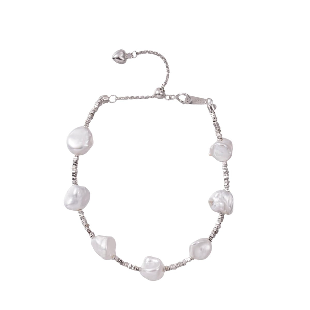 Baroque Natural Pearl Silver Bracelet with Irregular Pearl, Classic Lightweight Design for Women Everyday Wear