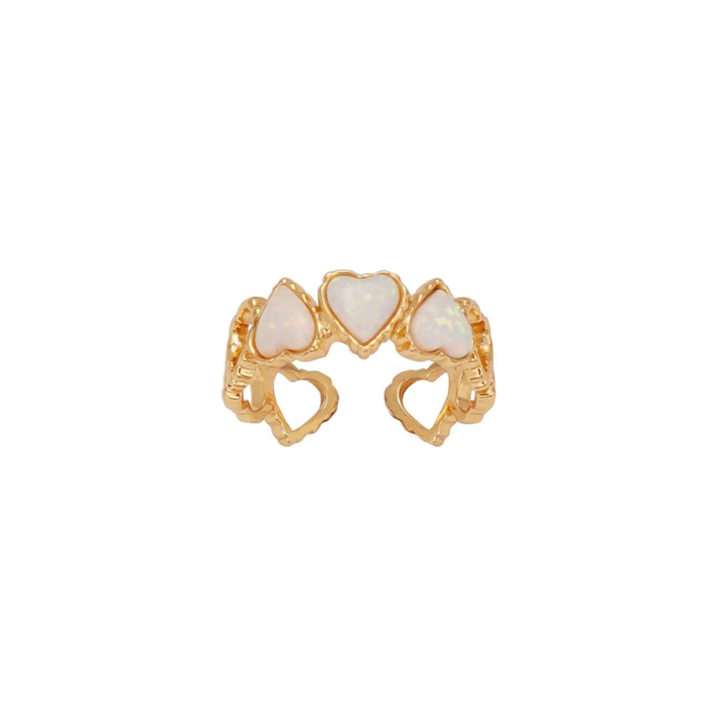 Open Heart Ring for Women, 14K Gold Plated 925 Sterling Silver, 9-Cutout Heart Frame with 3 Iridescent Opals, Adjustable 17mm Romantic Jewelry Gift for Girlfriend