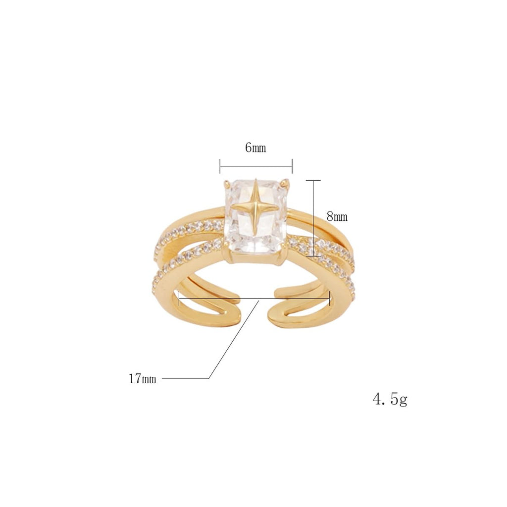 Glimmer Open Ring for Women, 14K Gold Plated 925 Sterling Silver, Square Cubic Zirconia with Star Engraving, Adjustable Self-Love Jewelry, Empowering Gift for Her