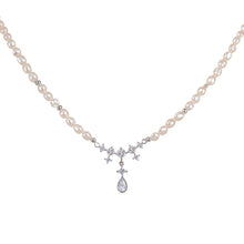 Load image into Gallery viewer, Pearl Necklace for Women, Silver Plated Brass Chain with Freshwater Pearl Beads &amp; Geometric Zirconia Pendant, Adjustable Gift for Her