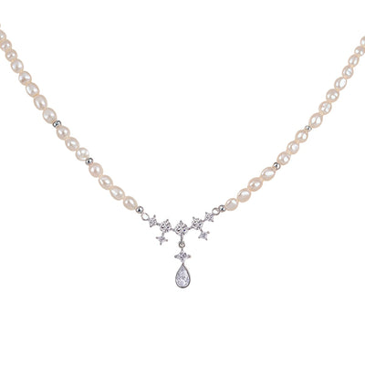 Pearl Necklace for Women, Silver Plated Brass Chain with Freshwater Pearl Beads & Geometric Zirconia Pendant, Adjustable Gift for Her