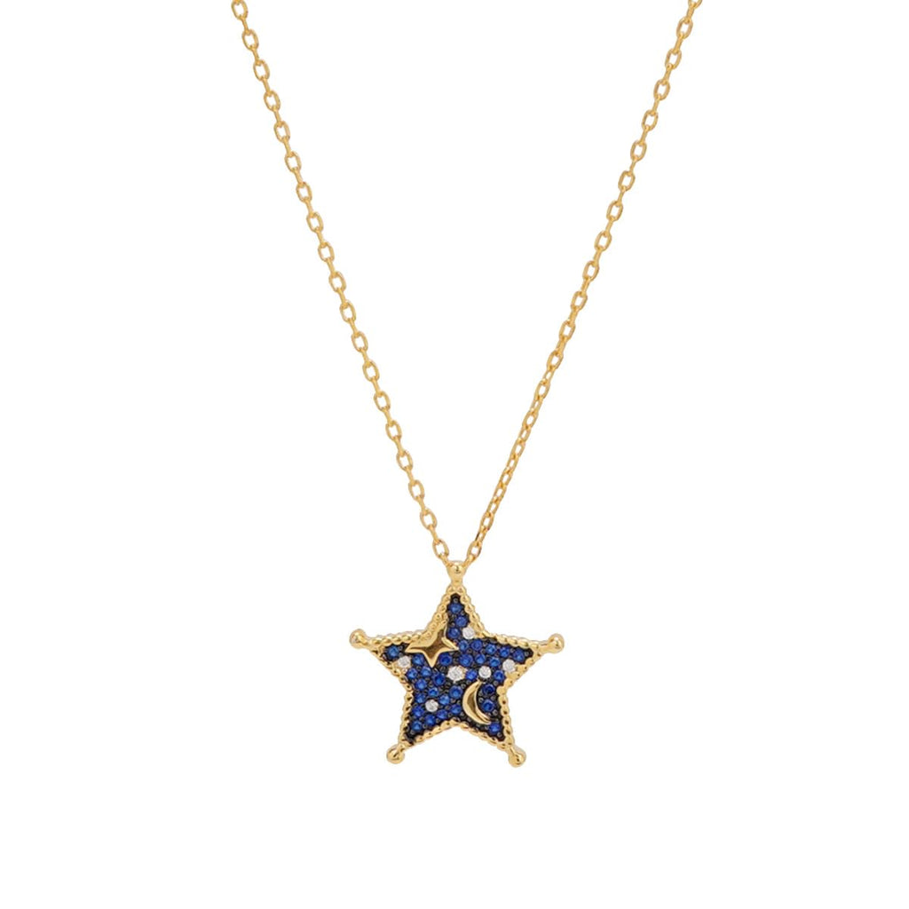 Midnight Sky Necklace for Women, 14K Gold Plated 925 Sterling Silver Star & Moon Pendant, Deep Blue Zirconia with White Sparkling Stones, Adjustable Celestial Jewelry Gift for Lover