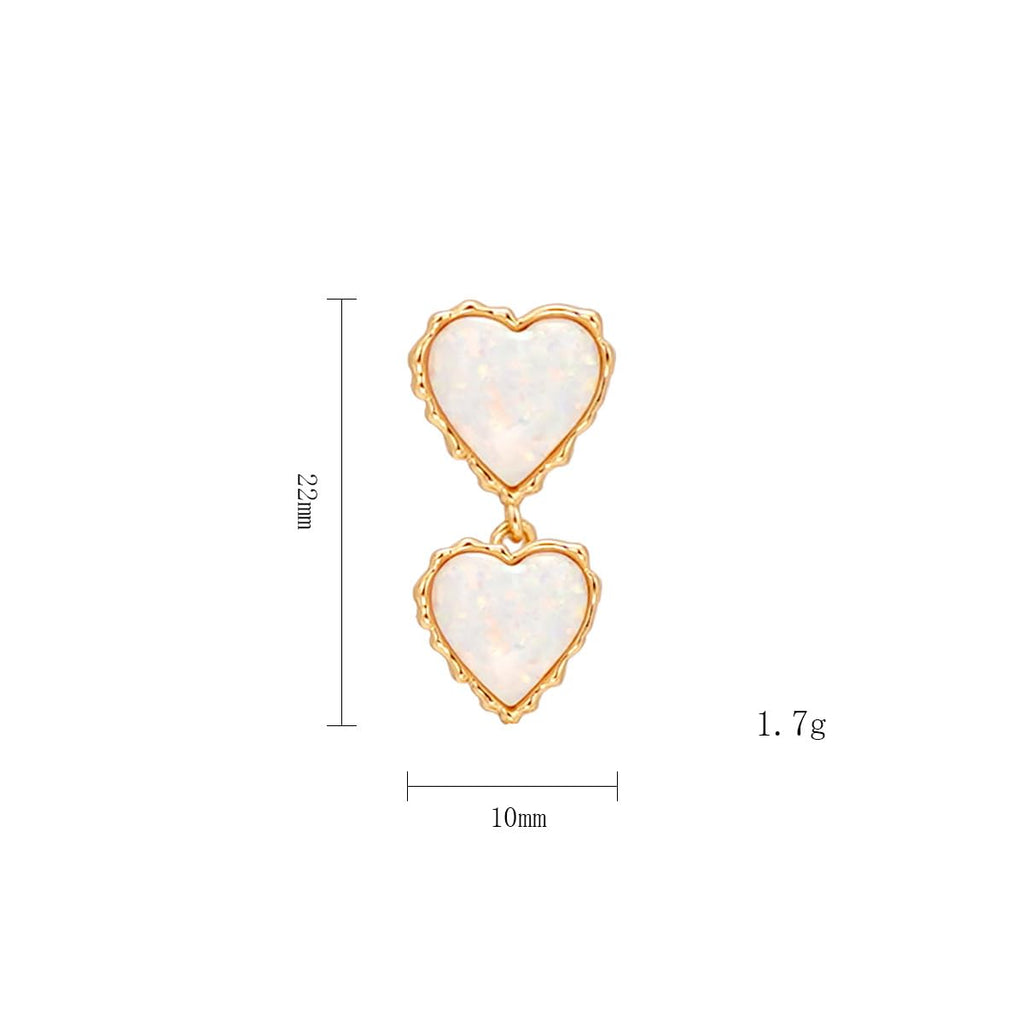 Single Drop Earring for Women, 14K Gold Plated 925 Silver Double Heart Opal Earring, Minimalist Ear Curation Jewelry, Unique Romantic Gift for Her
