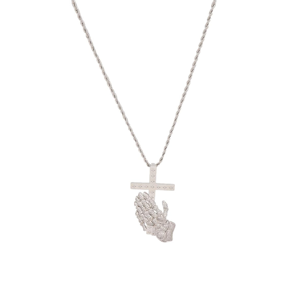 Praying Hands with Cross Pendant Necklace for Men Women, Stainless Steel Silver Plated Religious Jewelry Gift