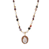 Baroque Pearl Beaded Necklace for Women, Brass Chain with Multi-Color Tourmaline & Freshwater Pearl Pendant, Vintage Natural Aesthetic Jewelry, Boho Elegant Gift for Her