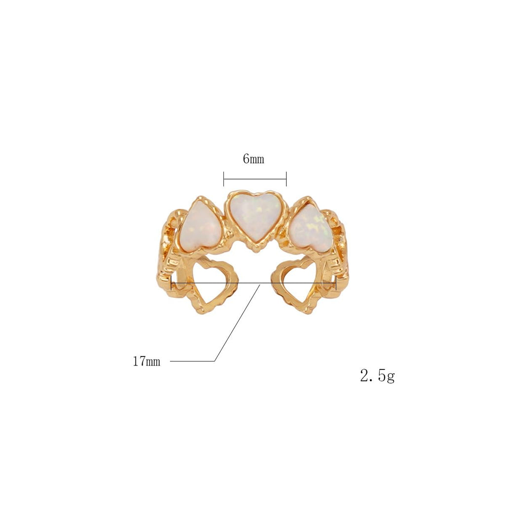 Open Heart Ring for Women, 14K Gold Plated 925 Sterling Silver, 9-Cutout Heart Frame with 3 Iridescent Opals, Adjustable 17mm Romantic Jewelry Gift for Girlfriend