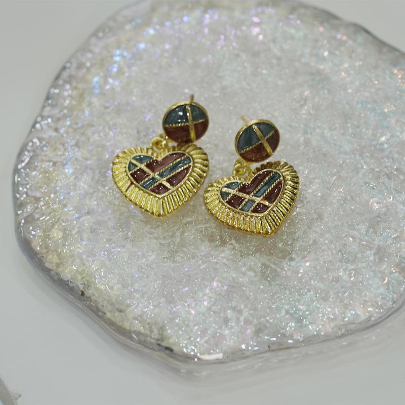 Anting-anting Jatuh, Bahan Aloi Emas, Rekaan Hati Berkotak Vintaj, Corak Grid, Barang Kemas Pesona Retro, Untuk Wanita