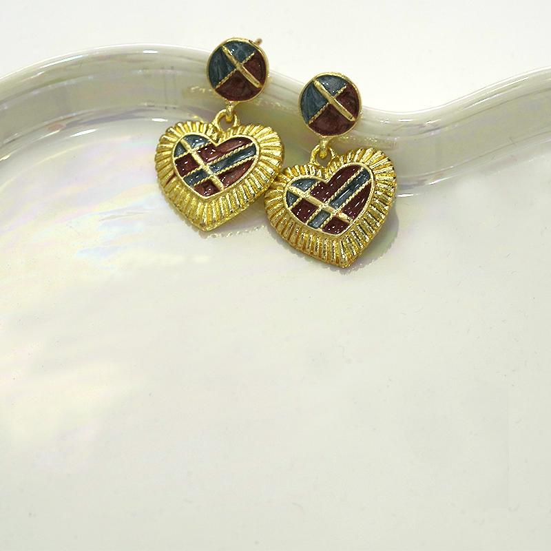 Anting-anting Jatuh, Bahan Aloi Emas, Rekaan Hati Berkotak Vintaj, Corak Grid, Barang Kemas Pesona Retro, Untuk Wanita