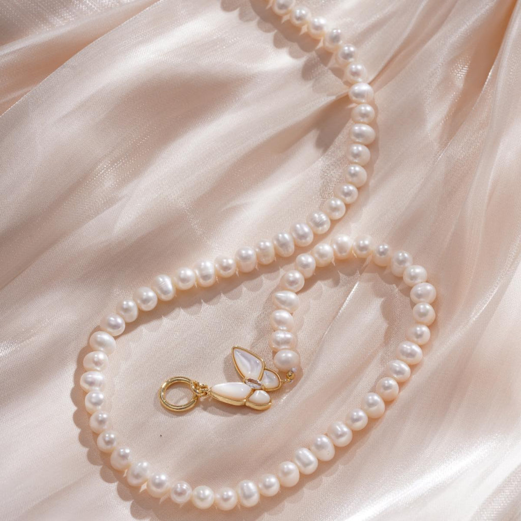 Elegant Natural Freshwater Pearl Necklace - Butterfly Accent - Feminine Charm for Everyday Wear