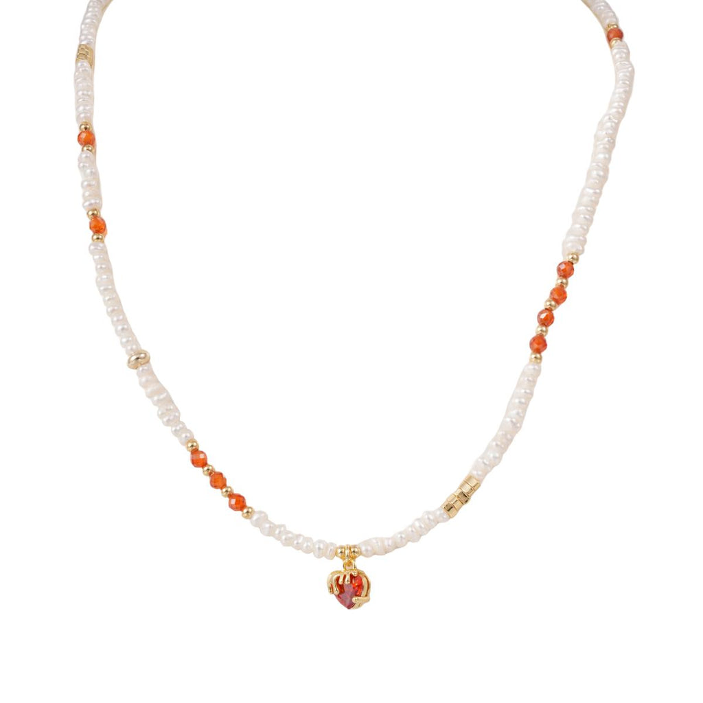 【Pendant Necklace】Red Crystal Copper Chain Natural Freshwater Pearl Beaded Pendant Necklace, Retro Elegant Jewelry Gift for Women