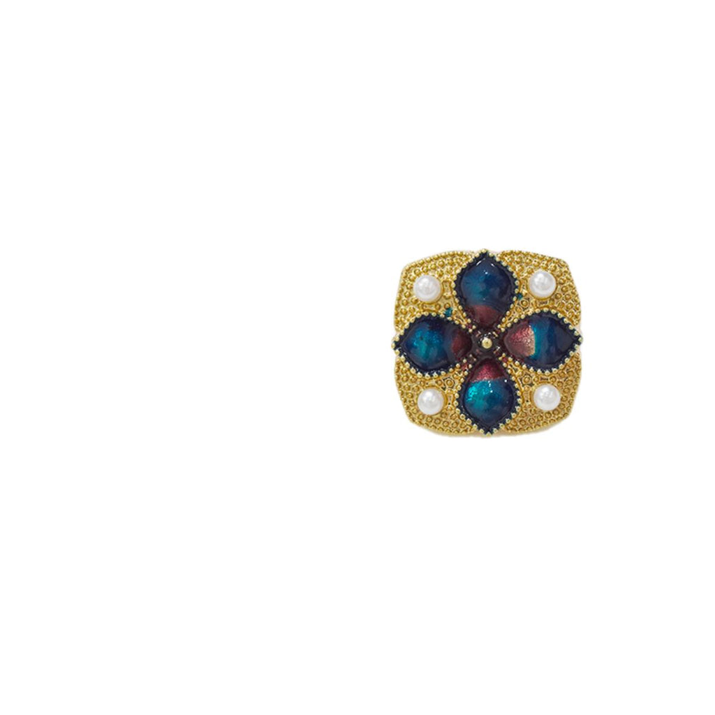 Subang Stud, Bentuk Segi Empat, Bahan Aloi Emas, dengan Bunga Enamel dan Manik Mutiara, Gaya Vintaj