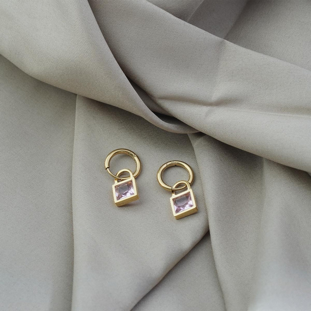 【Drop Earrings】Gold Plated Lock Earrings with Pink Crystal, Romantic & Stylish for Trend-chasing Women