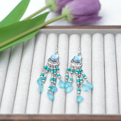 【Hook Earrings】Silver Plated Blue Gem Earrings with Vintage Beaded Tassel Design, Elegant Women's Jewelry