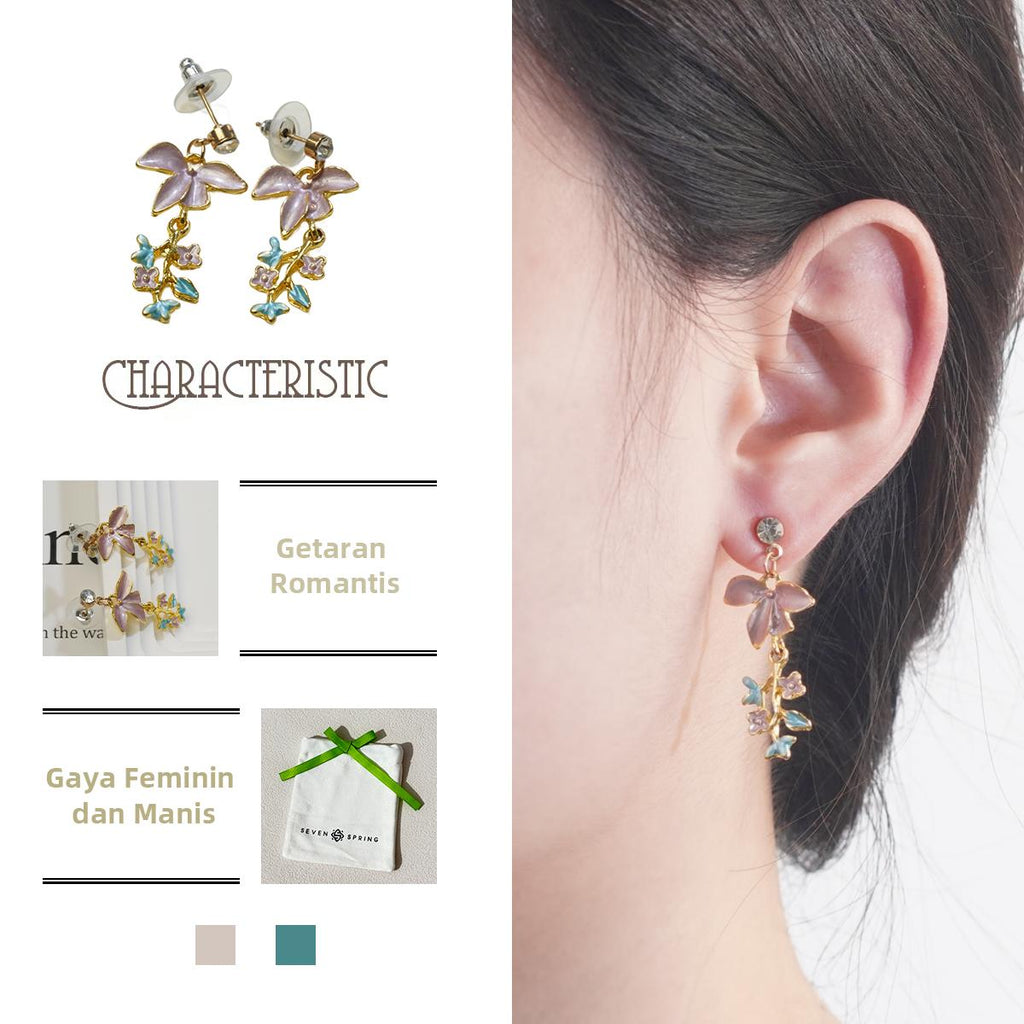 - Bunga Ungu, Rekaan Kelopak dan Daun Cantik dan Berwarna-warni, Barang Kemas Fairycore Manis, Untuk Wanita, - Jatuh anting  Earrings cute  earrings