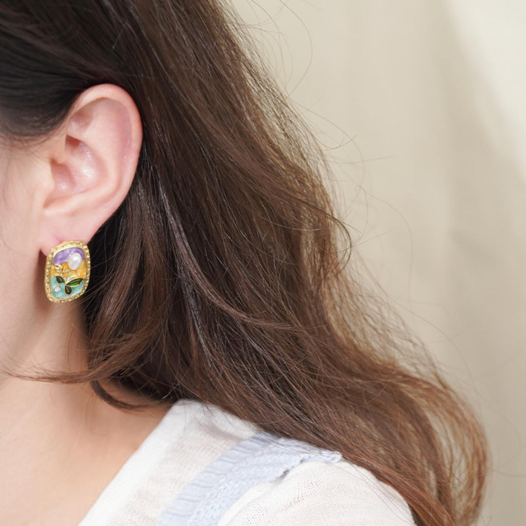 Anting-anting Stud, Gaya Vintaj, Aloi Lukisan Minyak, Bentuk Bujur, Warna Ungu, Emas dan Biru, Sesuai untuk Wanita