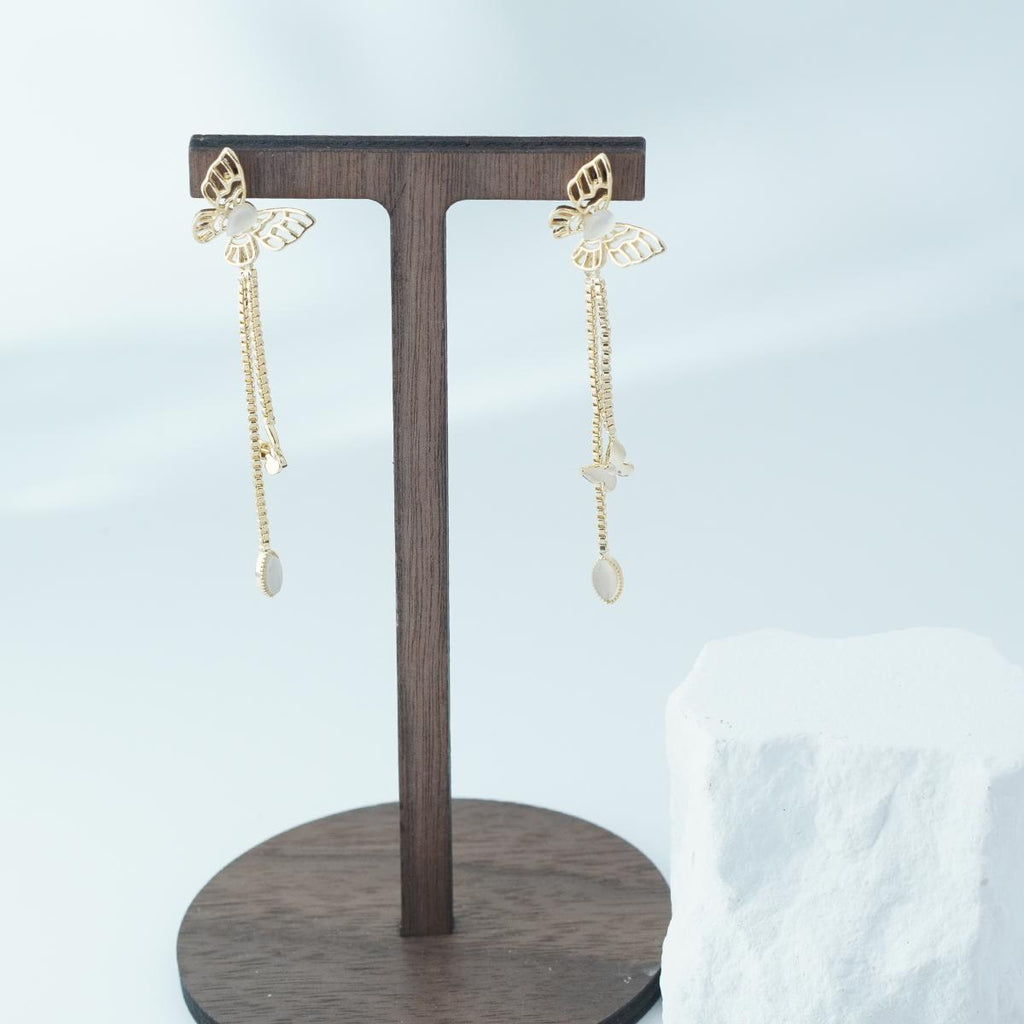 【Stud Earrings】Gold Plated Hollow Butterfly Earrings with Cat's Eye Stone, Romantic & Dynamic Design for Women
