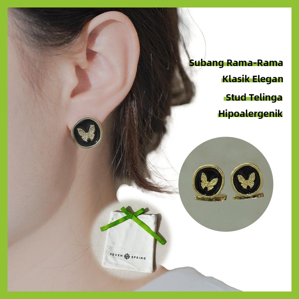 Subang Stud, Kancing Bulat Hitam Bermata Emas, dengan Rama-rama Bertekstur, Gaya Vintaj