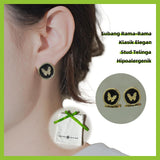 Subang Stud, Kancing Bulat Hitam Bermata Emas, dengan Rama-rama Bertekstur, Gaya Vintaj