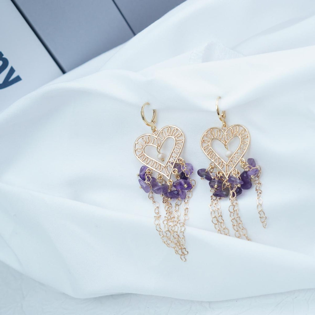 【Earrings】18K Gold Plated Heart Tassel Earrings with Natural Amethyst & Pearl, Romantic Design for Women