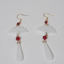Load image into Gallery viewer, 【Drop Earrings】White Resin Hollow Fan with Red Beads &amp; Ivory Drops