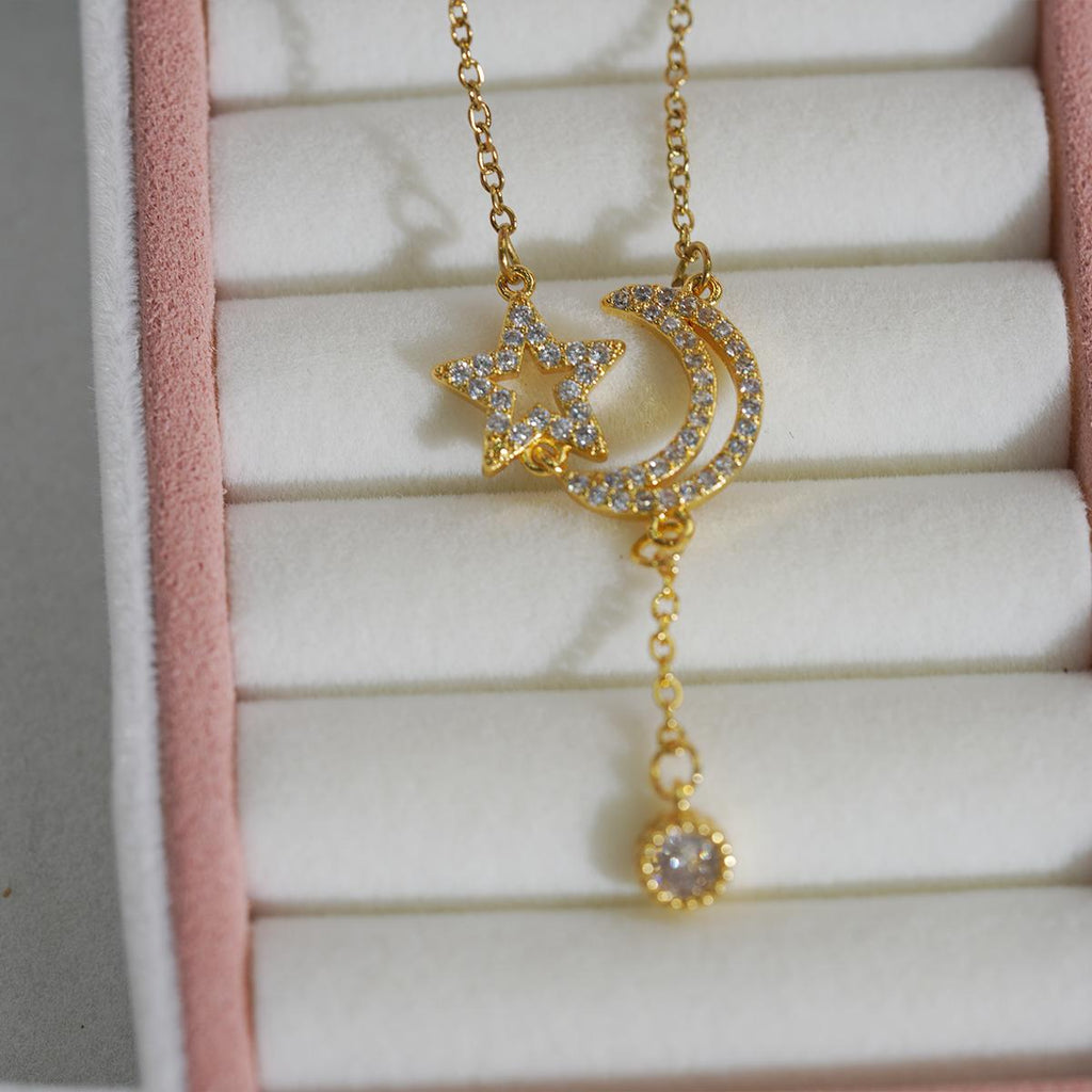 【Pendant Necklace】Moon Star Pendant Necklace Stainless Steel Chain Zirconia Celestial Dangling Charm Romantic Jewelry for Women